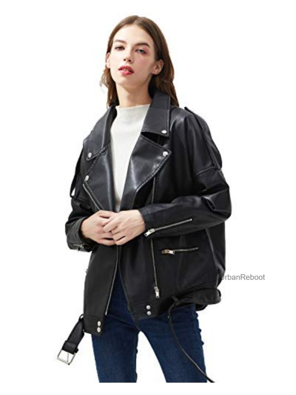 Faux Leather Moto Jacket with Belt Zipper Short Coat Turn-Down Collar
